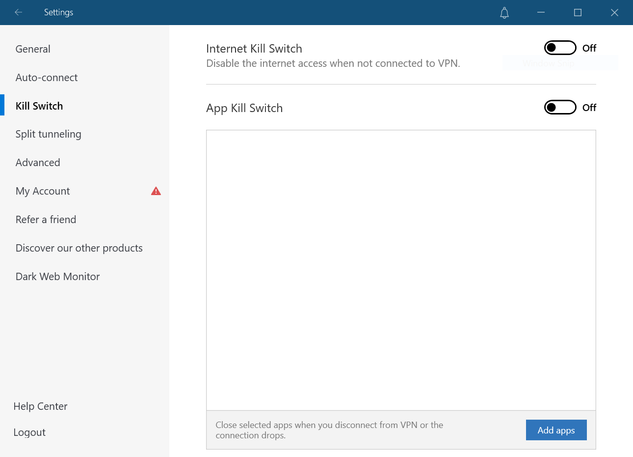 Los ajustes del Kill Switch para el cliente de Windows de NordVPN