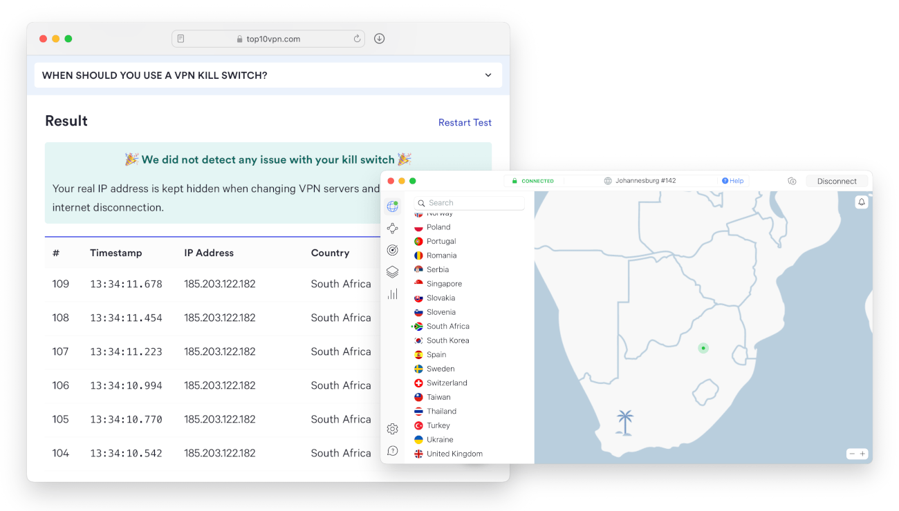 Testen des Kill Switch von NordVPN auf IP-Adressen-Lecks.