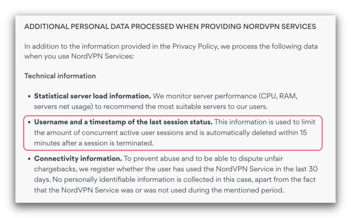 Captura de pantalla de la política de privacidad de NordVPN que dice que registra tu nombre de usuario y la marca de tiempo de cuando inicias sesión durante los 15 minutos después de que se termine la sesión.