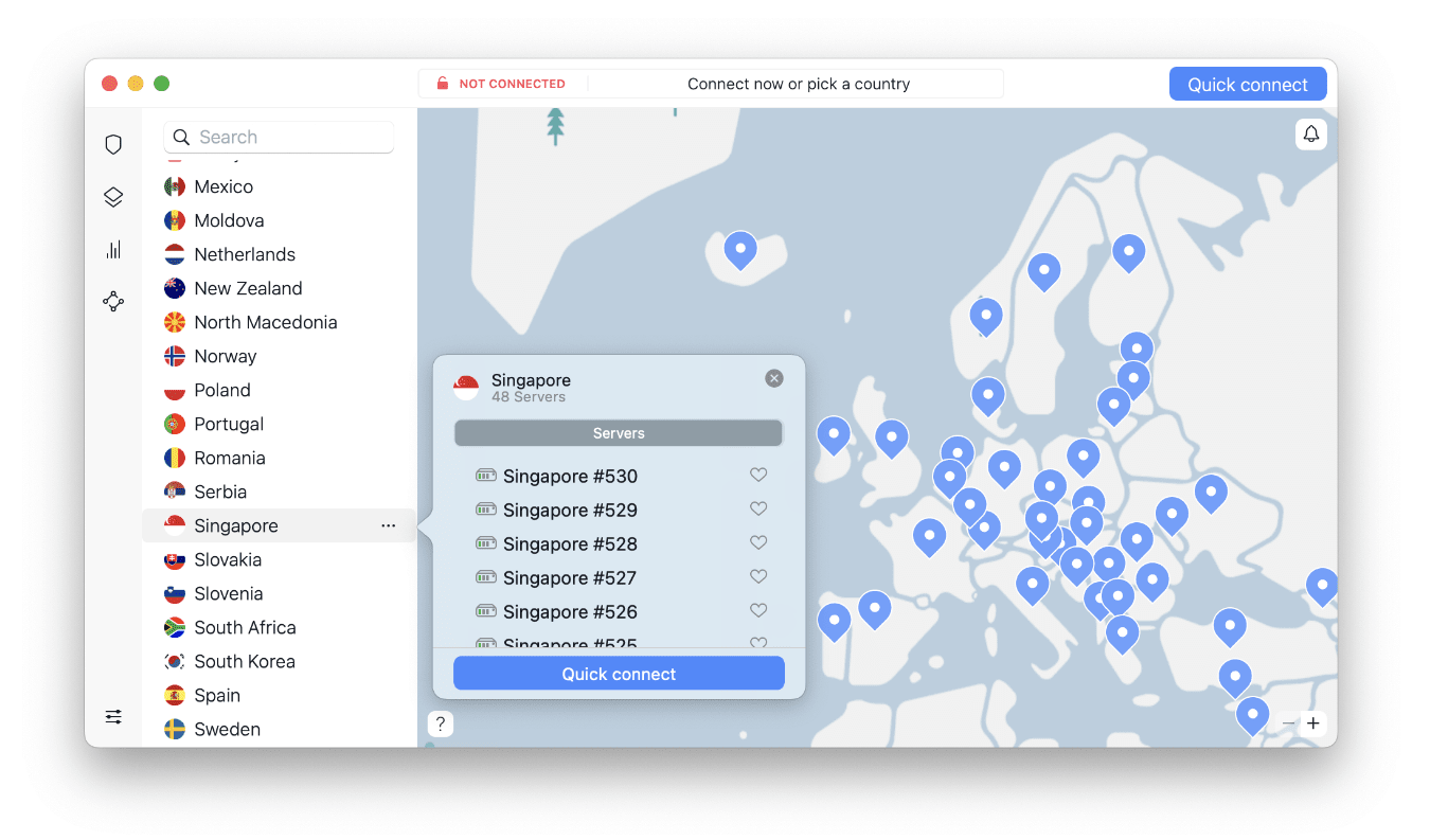 NordVPN's macOS app showing individual Singapore servers.