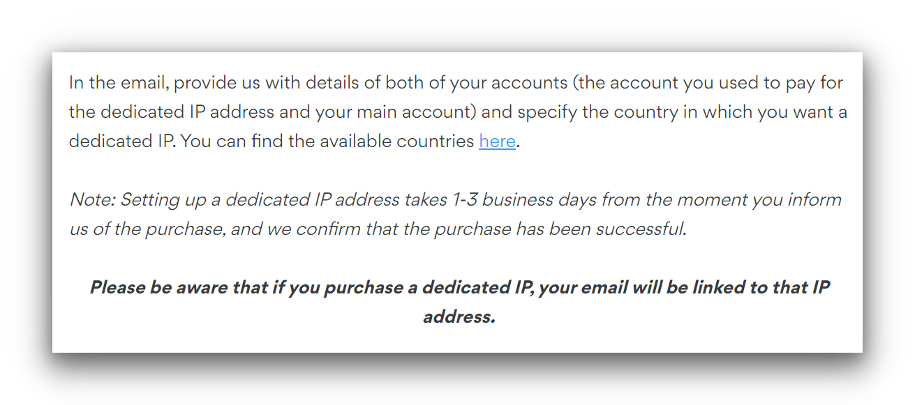 Trecho do site da NordVPN que desaconselha o uso de um endereço IP dedicado