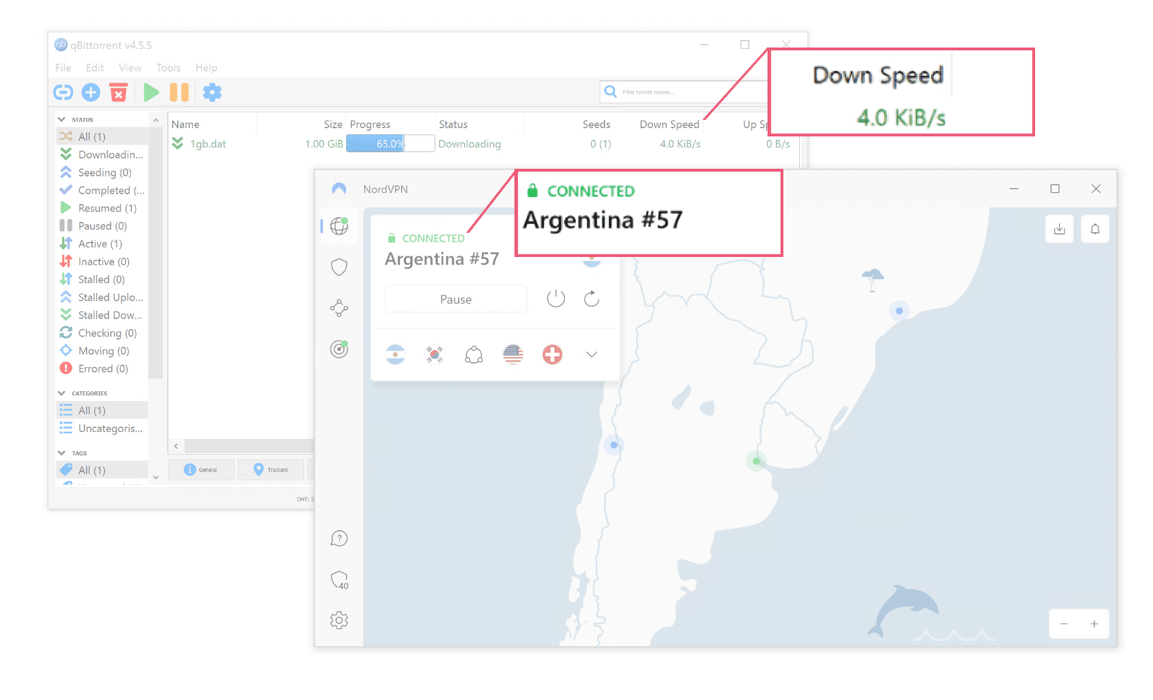 Magnified image of torrenting on a restricted NordVPN server