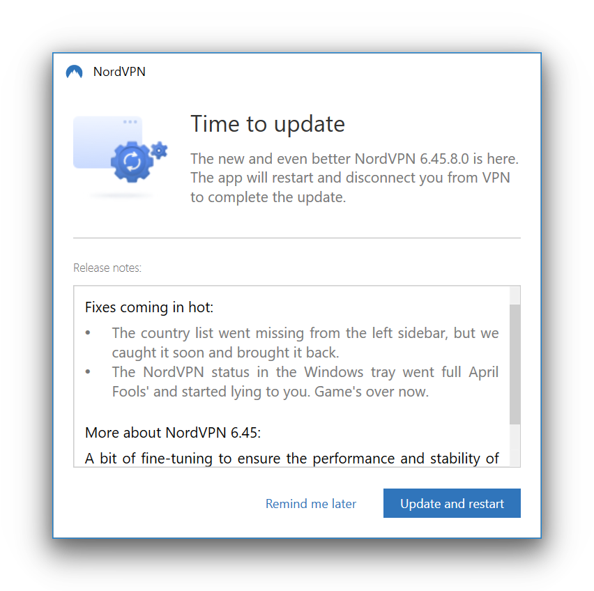 Le client Windows de NordVPN demande une mise à jour de son logiciel