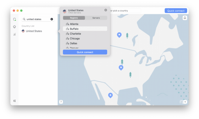 Localizaciones de servidores en cidades de Estados Unidos en NordVPN