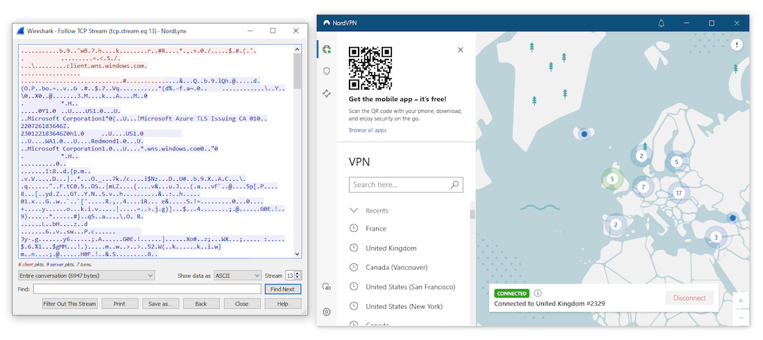 Testing NordVPN's encryption using Wireshark.