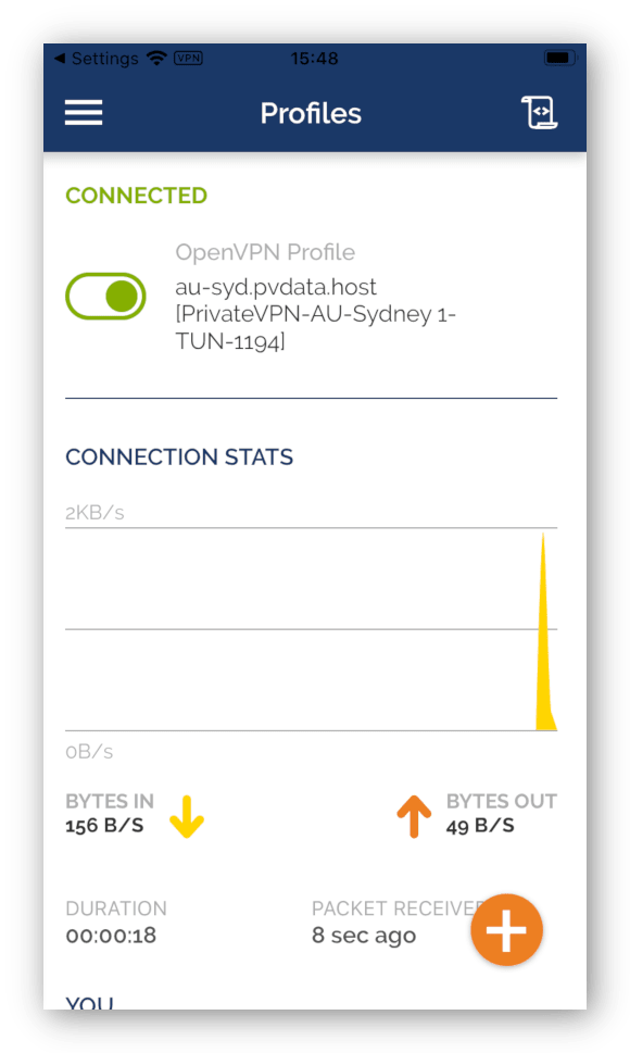 Screenshot of OpenVPN Connect connected to PrivateVPN server