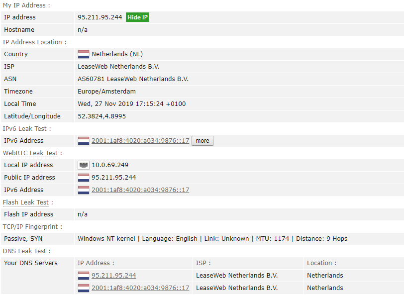 Screenshot of Perfect Privacy's leak test results