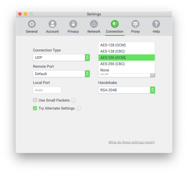 Una captura de pantalla de la aplicación de Private Internet Access, que muestra cómo personalizar la configuración de cifrado de la VPN.