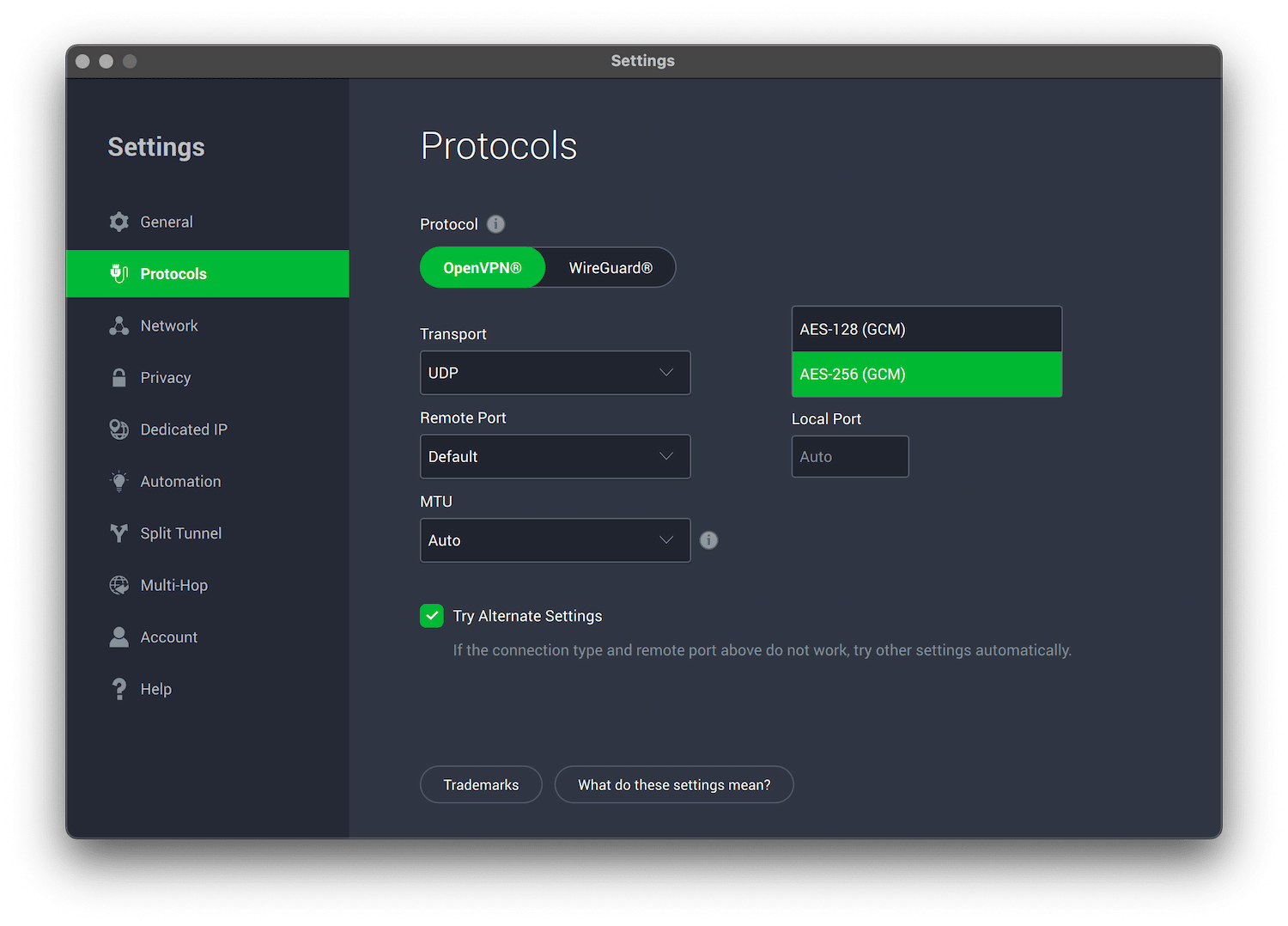 PIA settings page