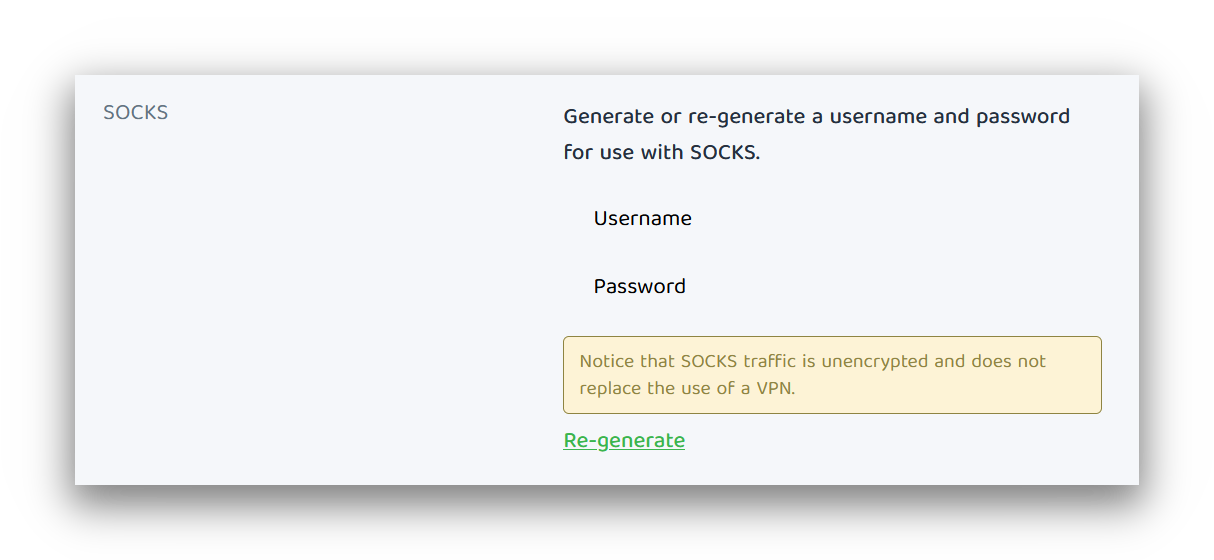 PIA's SOCKS5 Client Control Panel screenshot