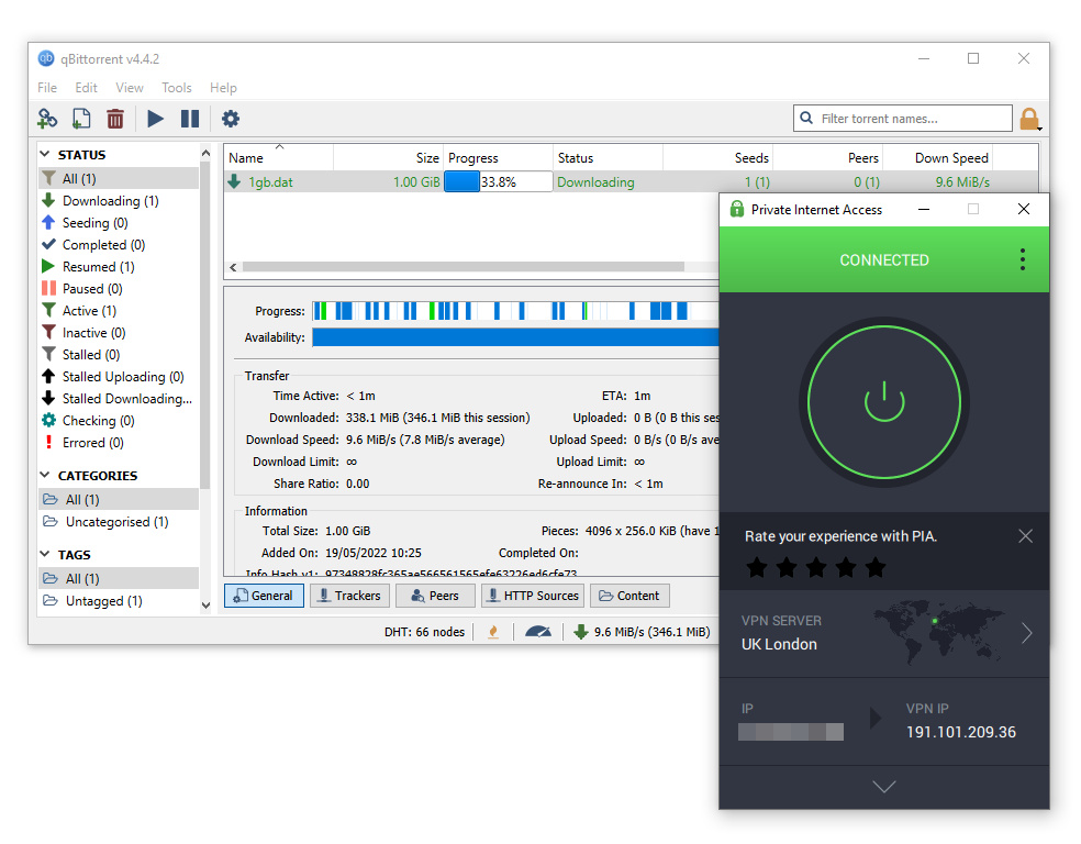 Torrenting während der Verbindung zu einem PIA UK Server.