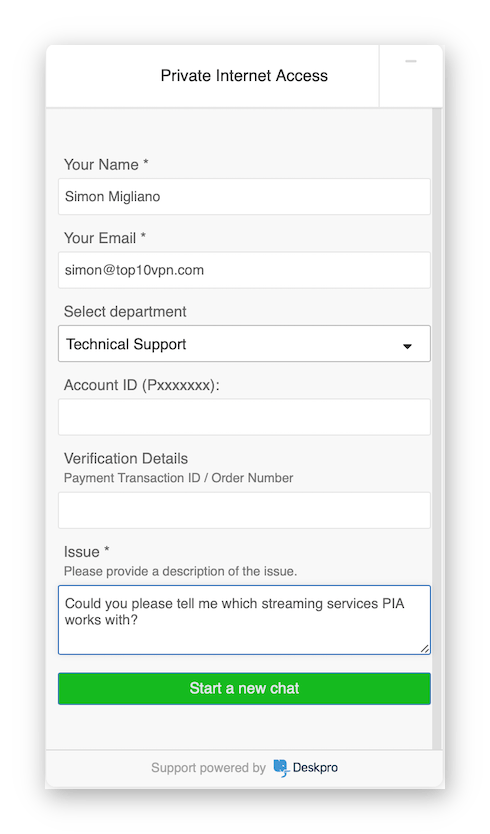 Captura de tela da fase de verificação do suporte da Private Internet Access.