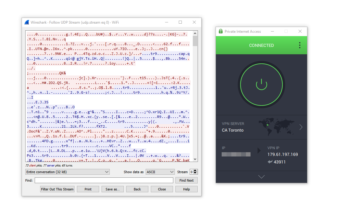 Rezultaty testów Wireshark dla PIA