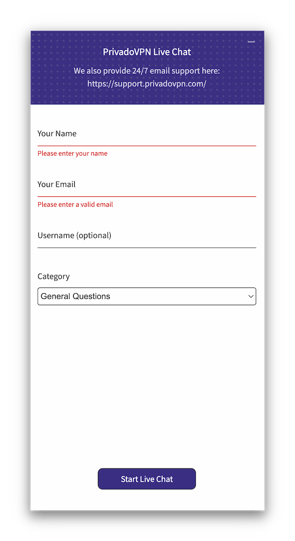 PrivadoVPN Live Chat Support.