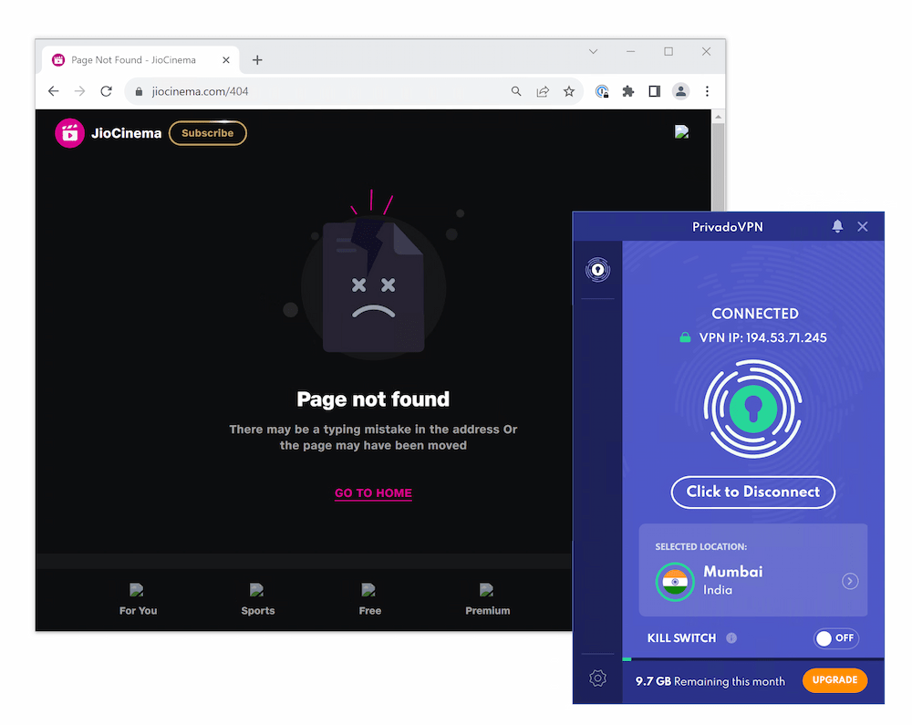 PrivadoVPN Free failing to unblock JioCinema