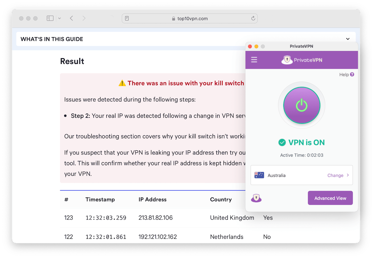 Testen der Wirksamkeit des Kill Switches von PrivateVPN