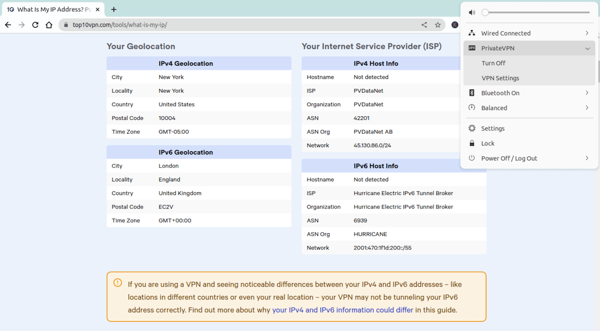 PrivateVPN 리눅스 버전에서 IPv6 주소가 유출 되었다는 증거