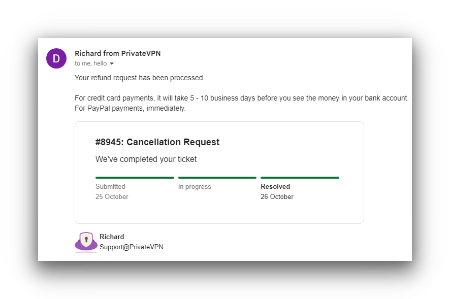 PrivateVPN refund request via email