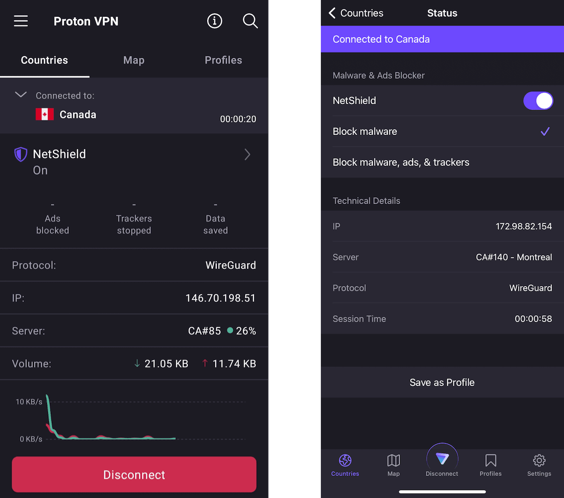 Proton VPN's mobile apps for Android and iOS side-by-side. They're very similar in appearance.