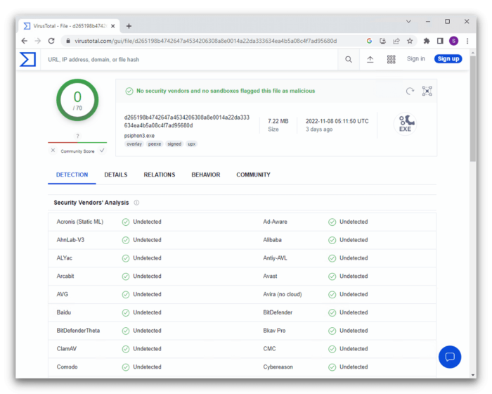 VirtusTotal tests show no malware in Psiphon 3.