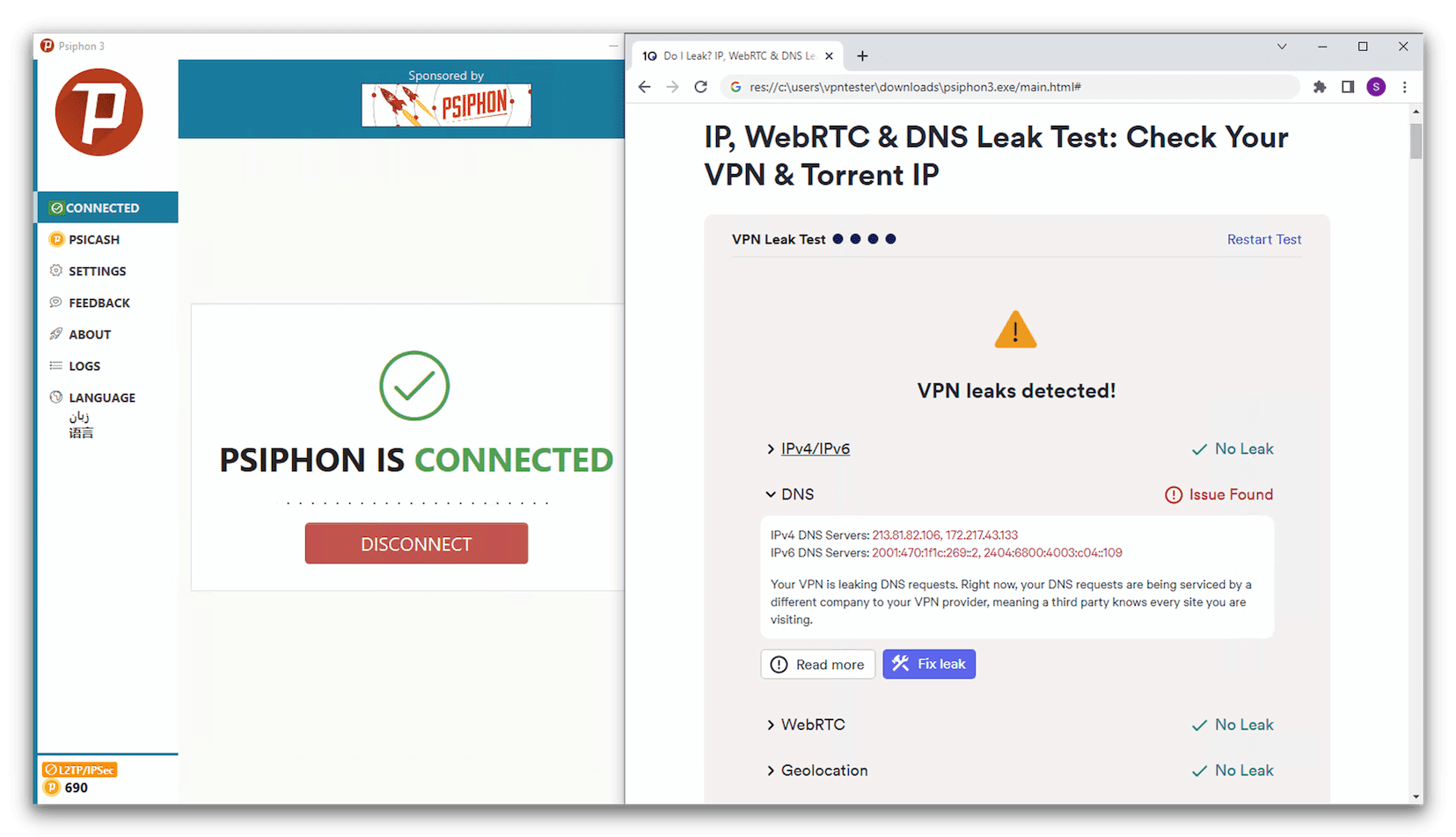 IP, WebRTCm, DNS 누출 테스트 결과, Psiphon VPN에 연결되었을 때 DNS 누출이 발생했습니다.