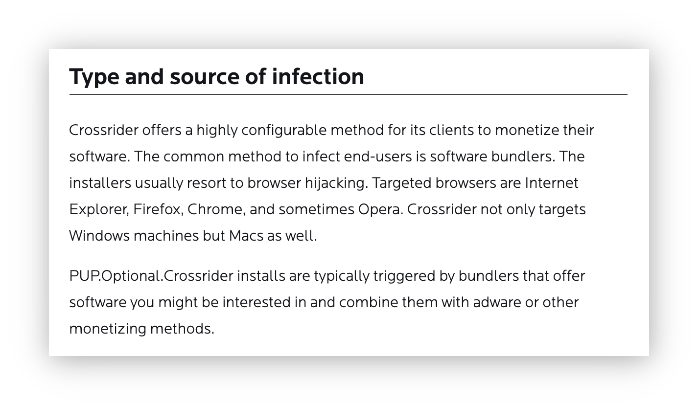 Crossrider에 대한 Malwarebytes의 조사 보고서 스크린샷