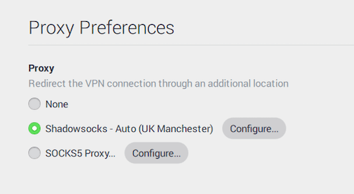 Immagine che mostra le preferenze personalizzabili dei proxy disponibili nell'app PIA, tra cui Shadowsocks e SOCKS5.