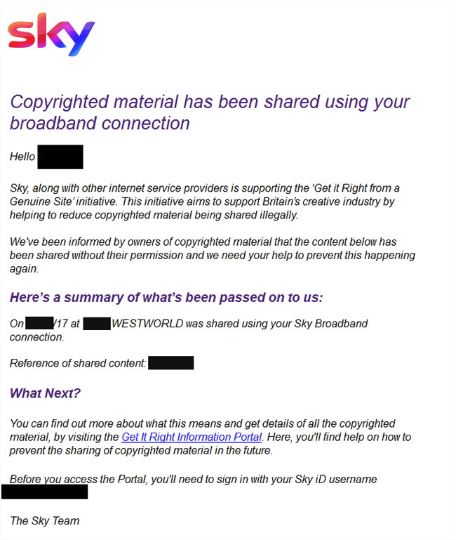 Captura de pantalla de el aviso DMCA de Sky