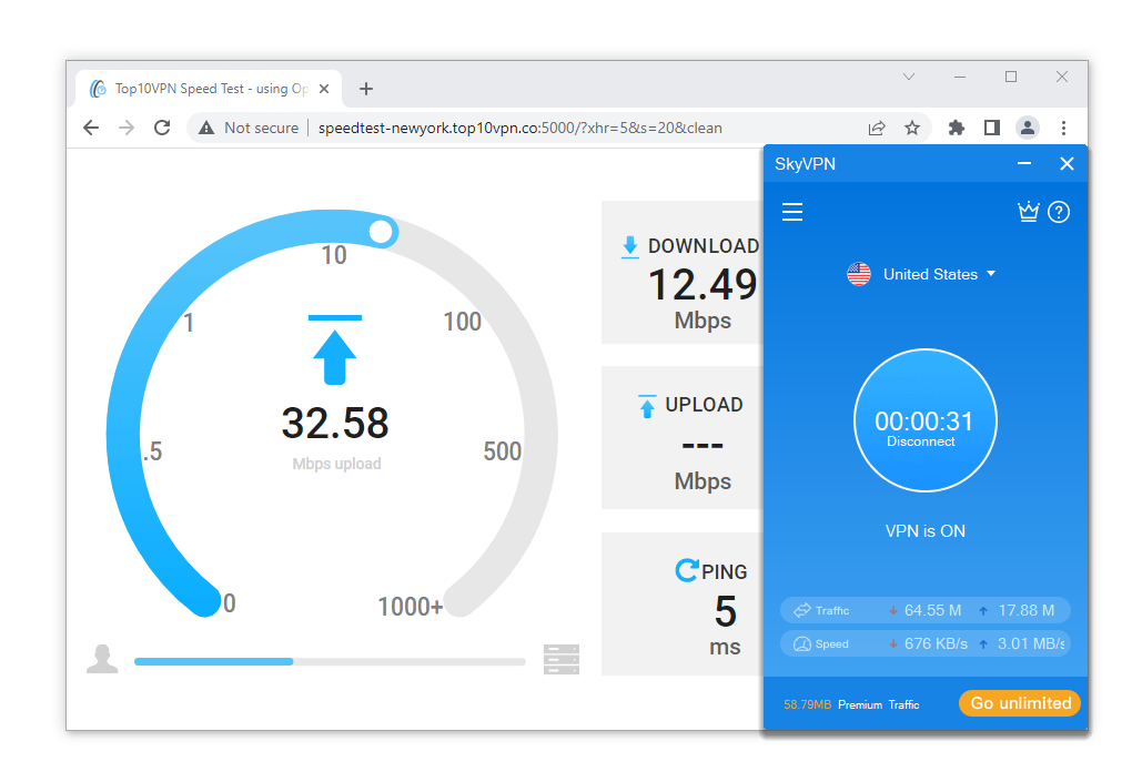 Test de velocidad de SkyVPN en Windows.