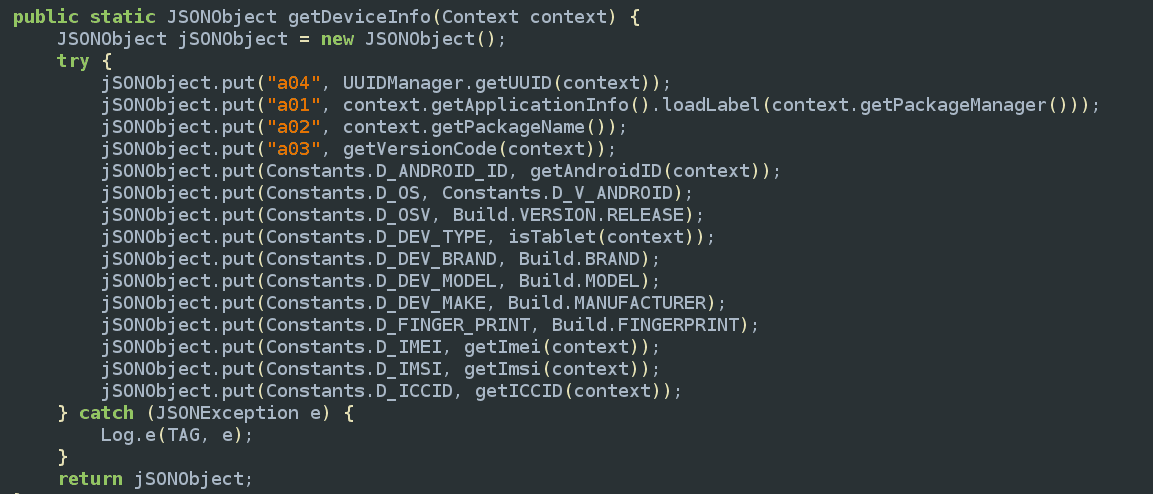 Screenshot of Smart Clean Android app code showing types of data collected