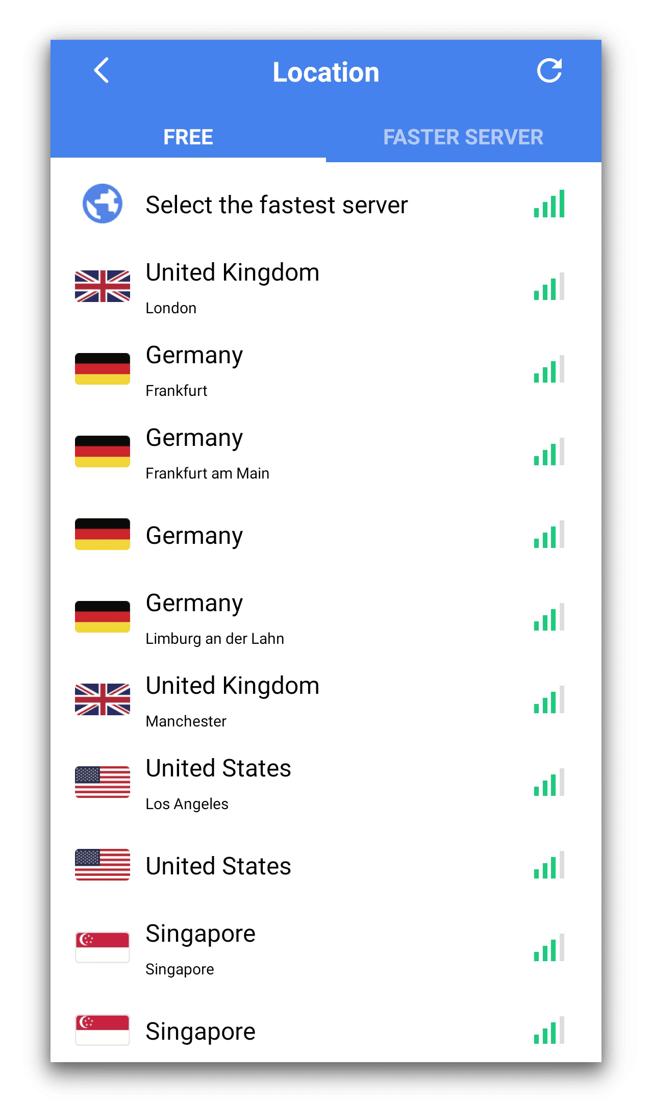 Snap VPN's in-app server list