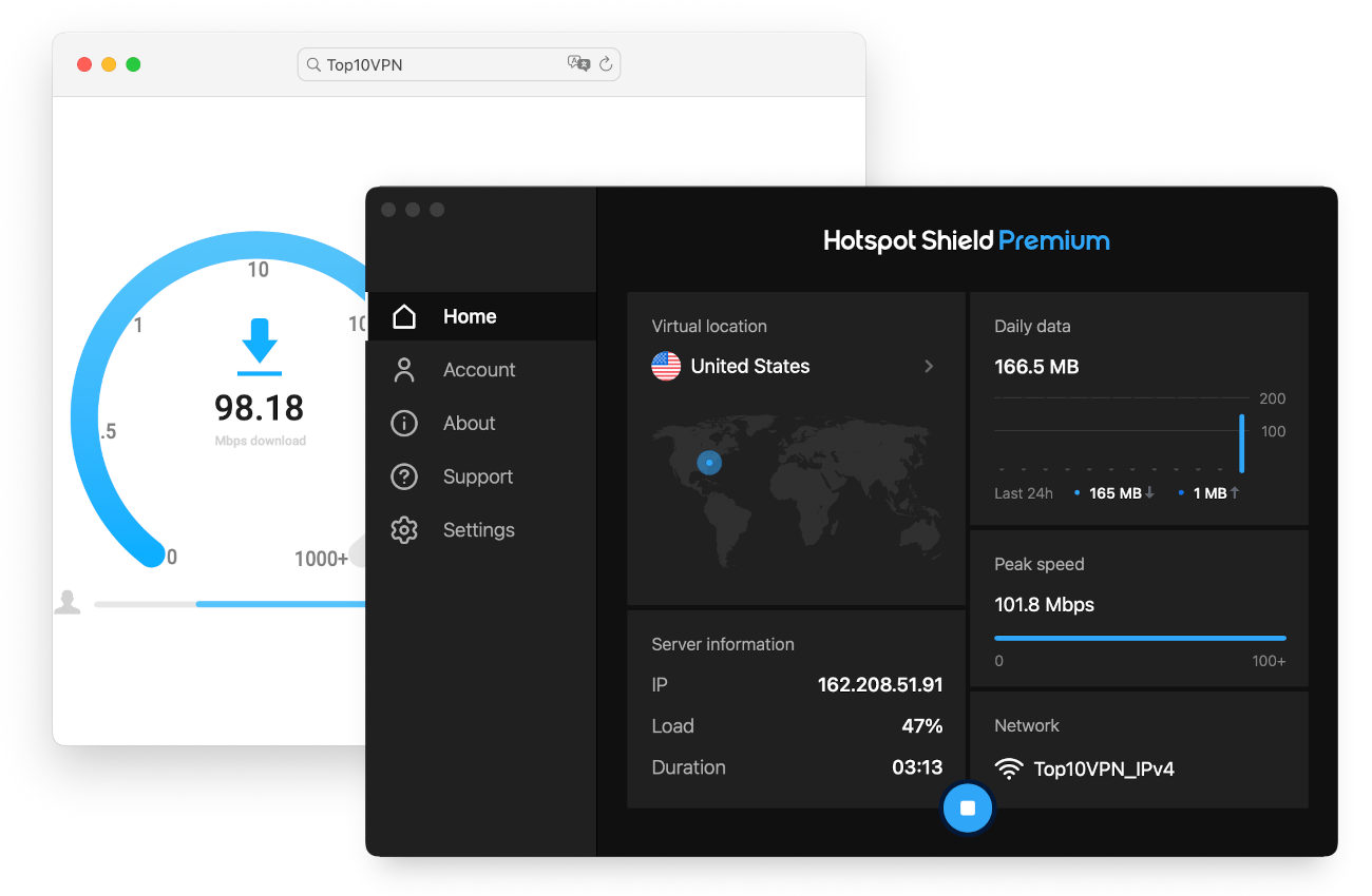 Probando las velocidades de Hotspot Shield utilizando la herramienta interna de pruebas de velocidad.