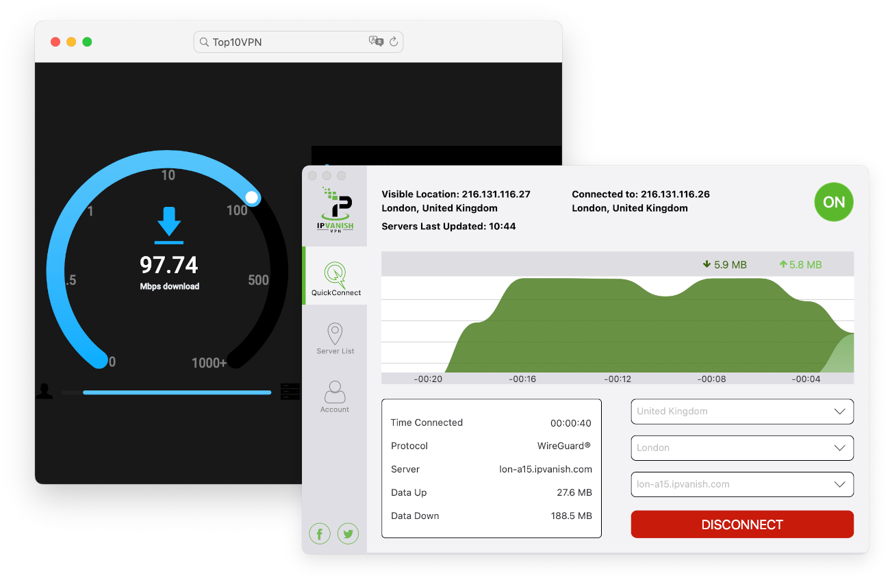 Testando as velocidades de internet do IPVanish usando nossa ferramenta proprietária de teste de velocidade.