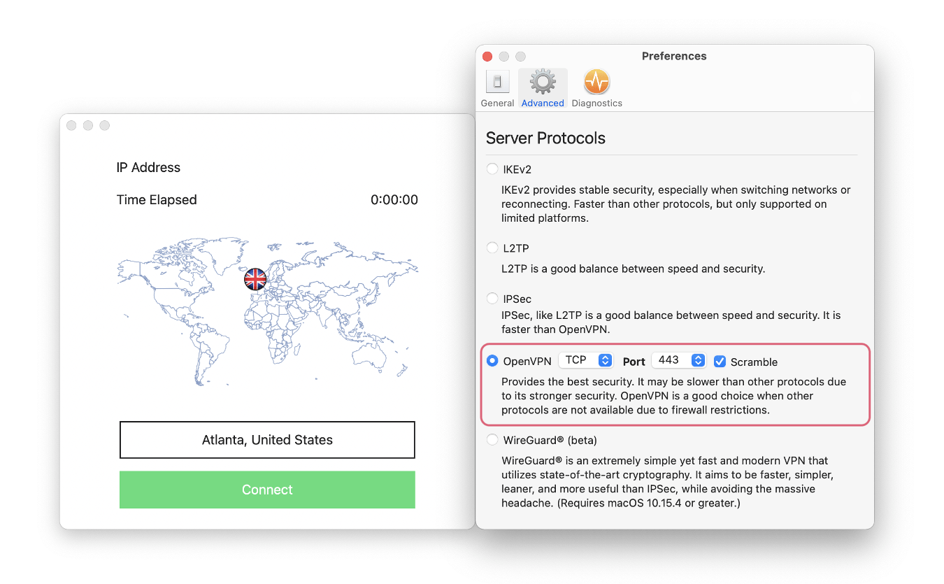 Captura de pantalla del cliente de macOS de StrongVPN. Las preferencias están abiertas y muestra una casilla marcada de codificación al lado de OpenVPN.