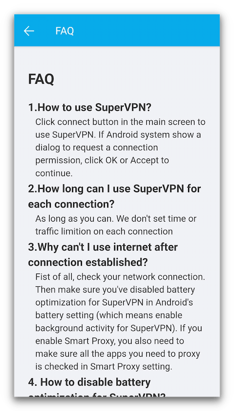 FAQs in the SuperVPN app