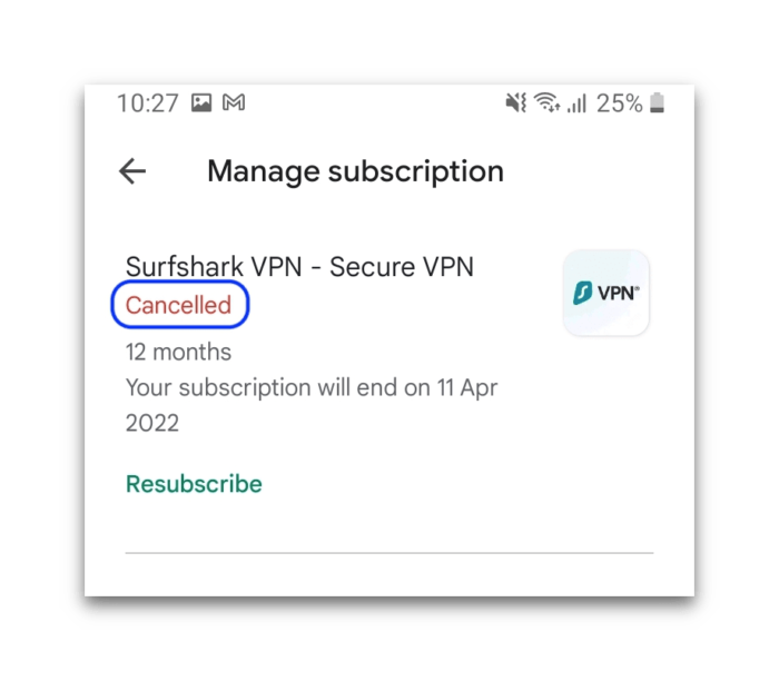 Notificación de la cancelación de la prueba gratuita de Surfshark en Android.