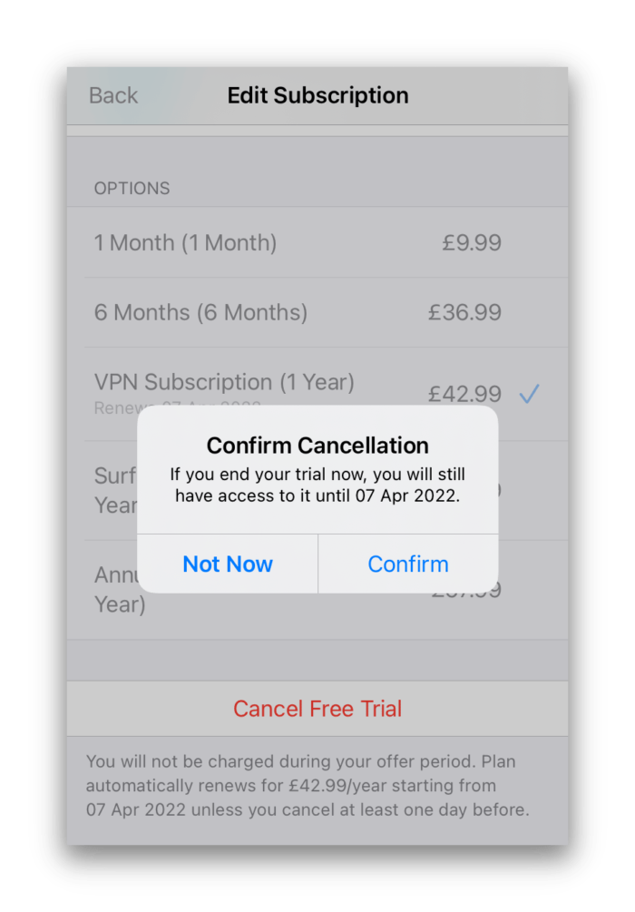 Annullamento della prova gratuita di Surfshark iOS