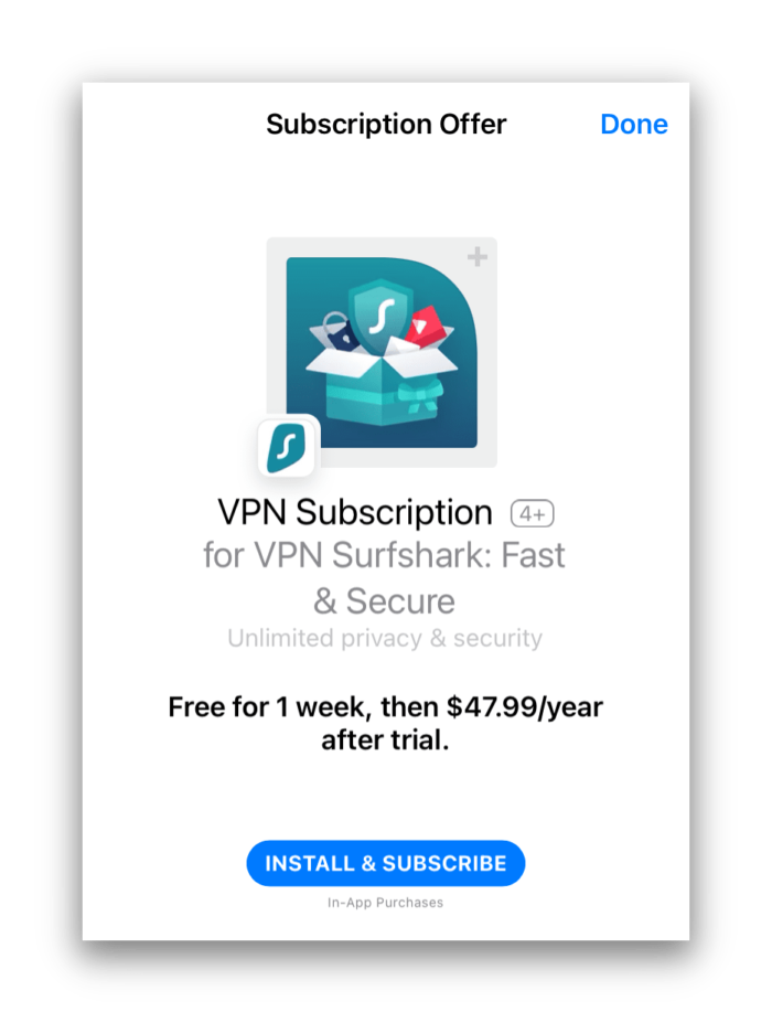 Suscripción de la prueba gratis de Surfshark en iOS