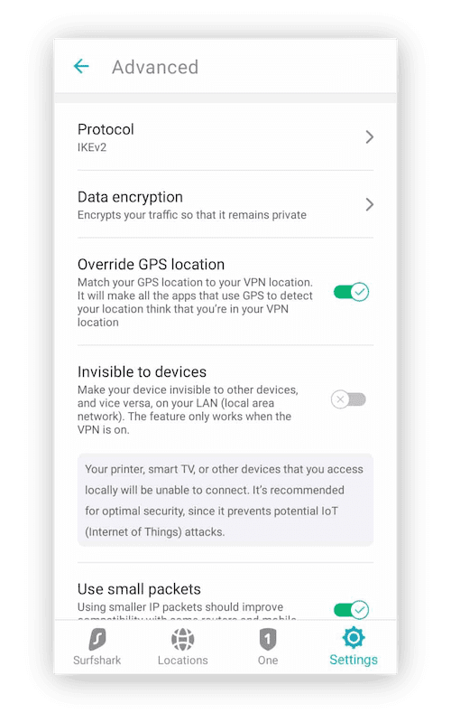 O recurso GPS Override da Surfshark no aplicativo para Android