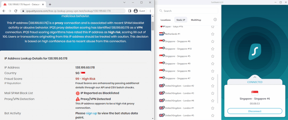 Using a VPN detection tool on Surfshark's dedicated IP address