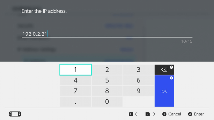 Menu di inserimento dell'indirizzo IP su Nintendo Switch