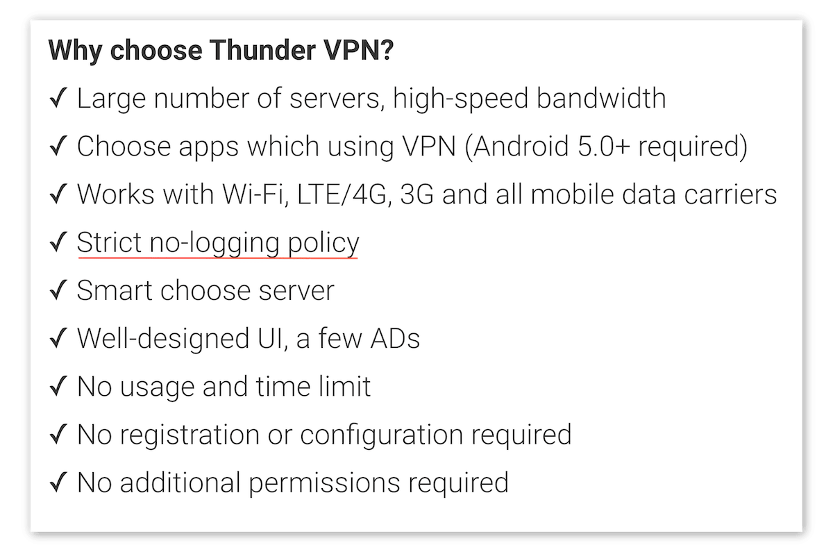 Capture d'écran de l'annonce de ThunderVPN sur le Google Play Store