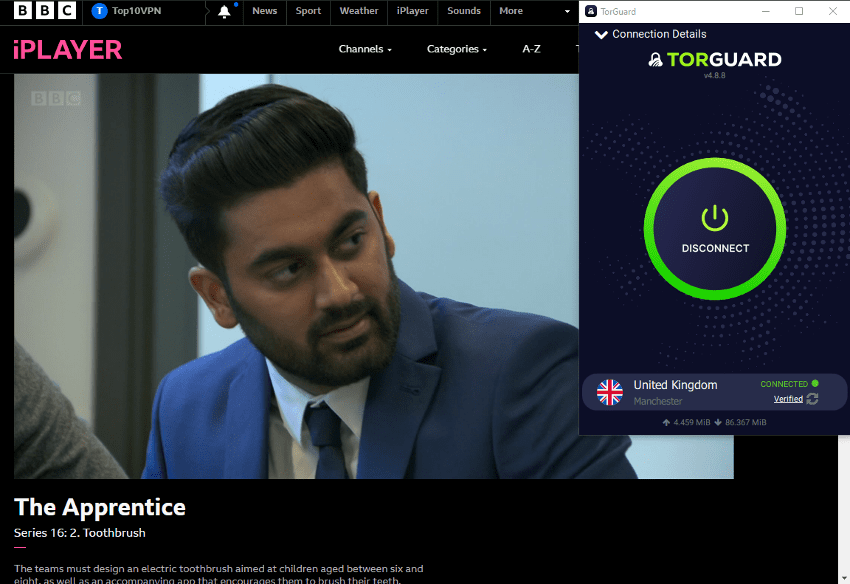 Captura de pantalla de TorGuard conectada con el Reino Unido y BBC iPlayer en streaming con «The Apprentice».