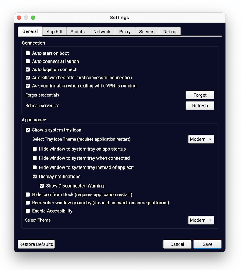 Screenshot of TorGuard's general settings.