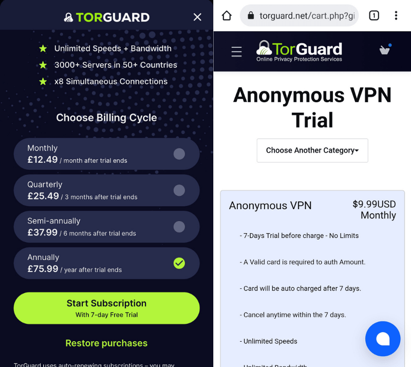 Captura de pantalla de las páginas de registro para la prueba gratis de TorGuard en iOS y Android.