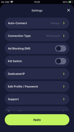 Captura de pantalla de la configuración para iOS de ThorGuard.