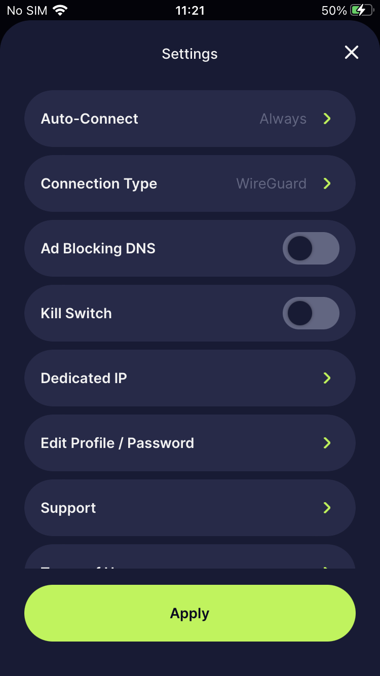 Screenshot of TorGuard's iOS settings.