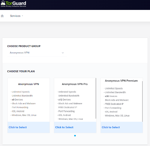 Página de planes de suscripción de TorGuard 