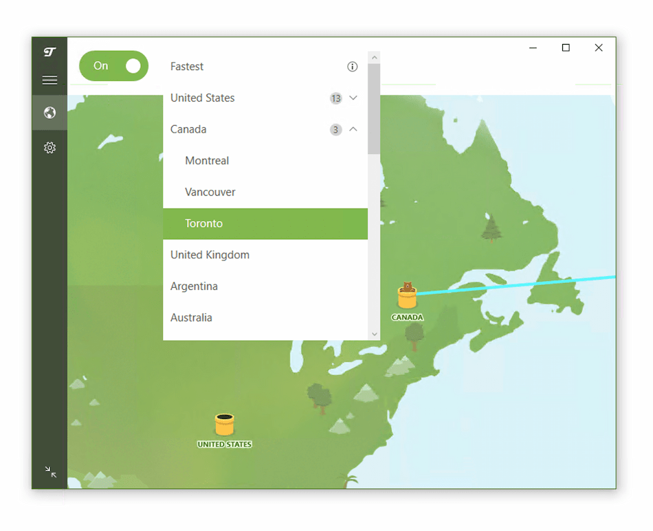 Image des serveurs villes dans l'application Windows TunnelBear.