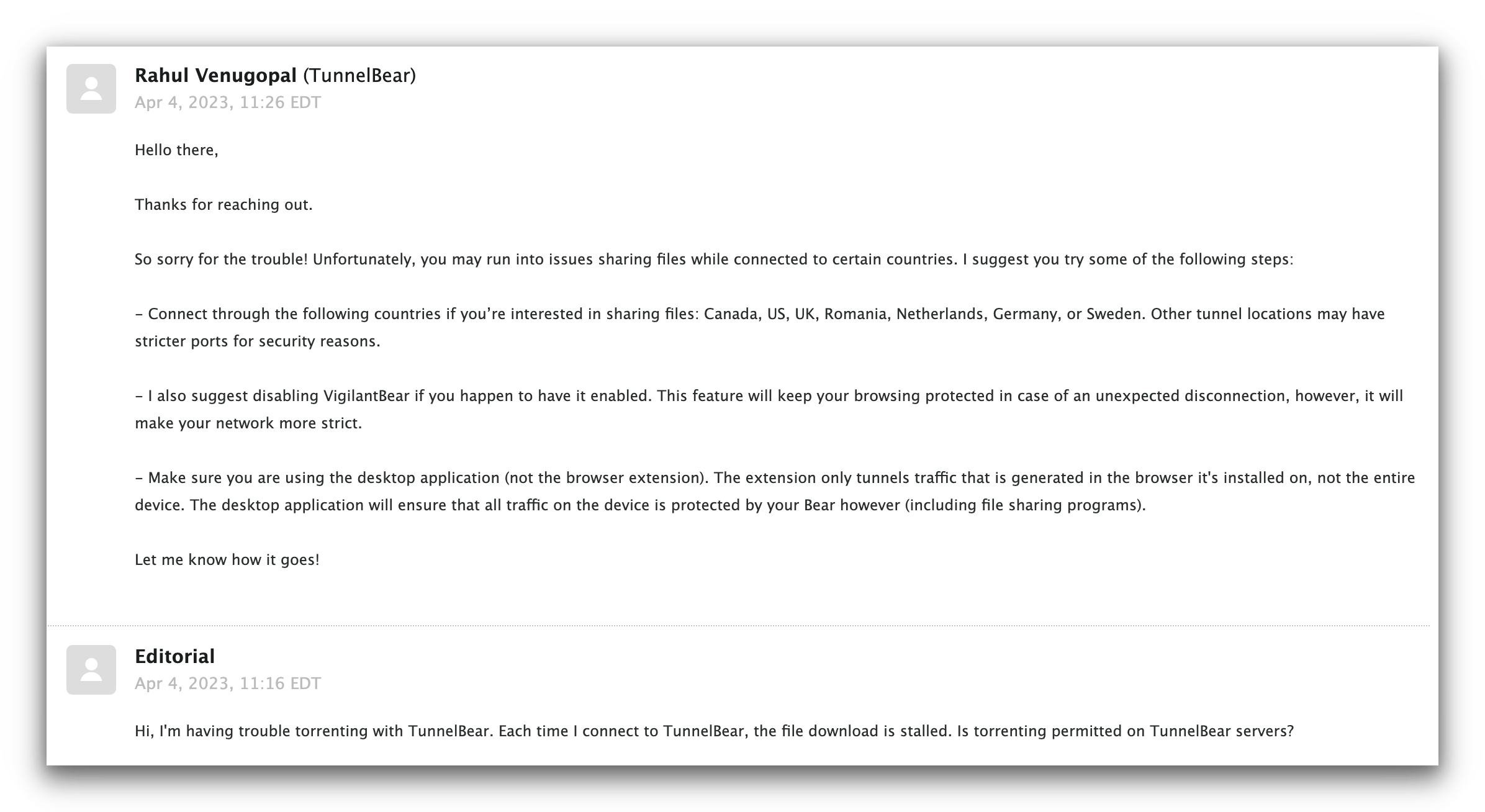 Intercambio de emails con la atención al cliente de TunnelBear. 